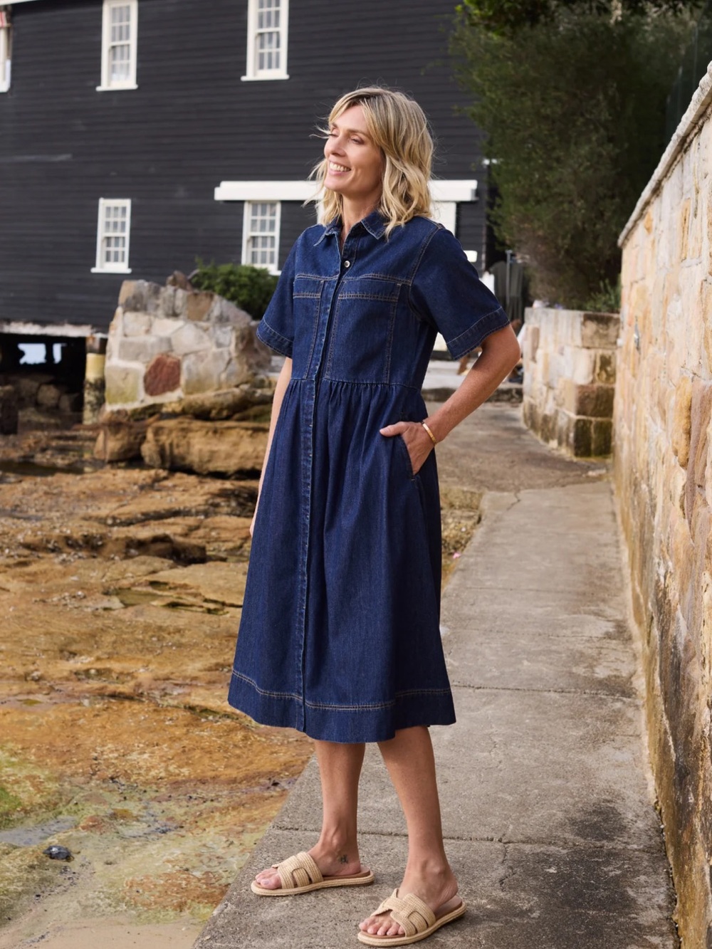 Classic Dark Blue Denim Shirt Midi Dress